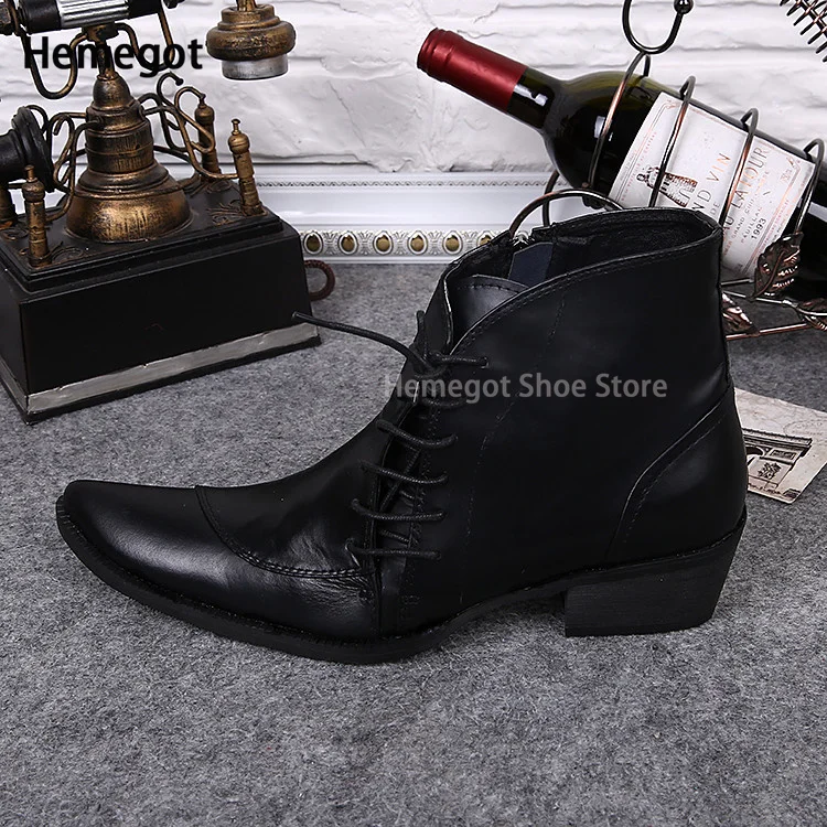 Black Lace-Up Pointed Toe High-Top Men\'s Leather Boots Spring and Autumn Fashion Men\'s Boots Stage Catwalk Men\'s Boots New Style