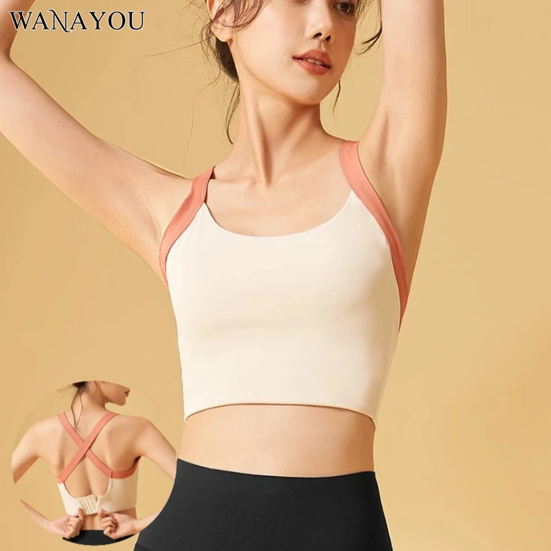 

WANAYOU Cross Back Women's Yoga Bra Sports Top with Built-in Padding Fitness Vest High Support Running Exercise Top