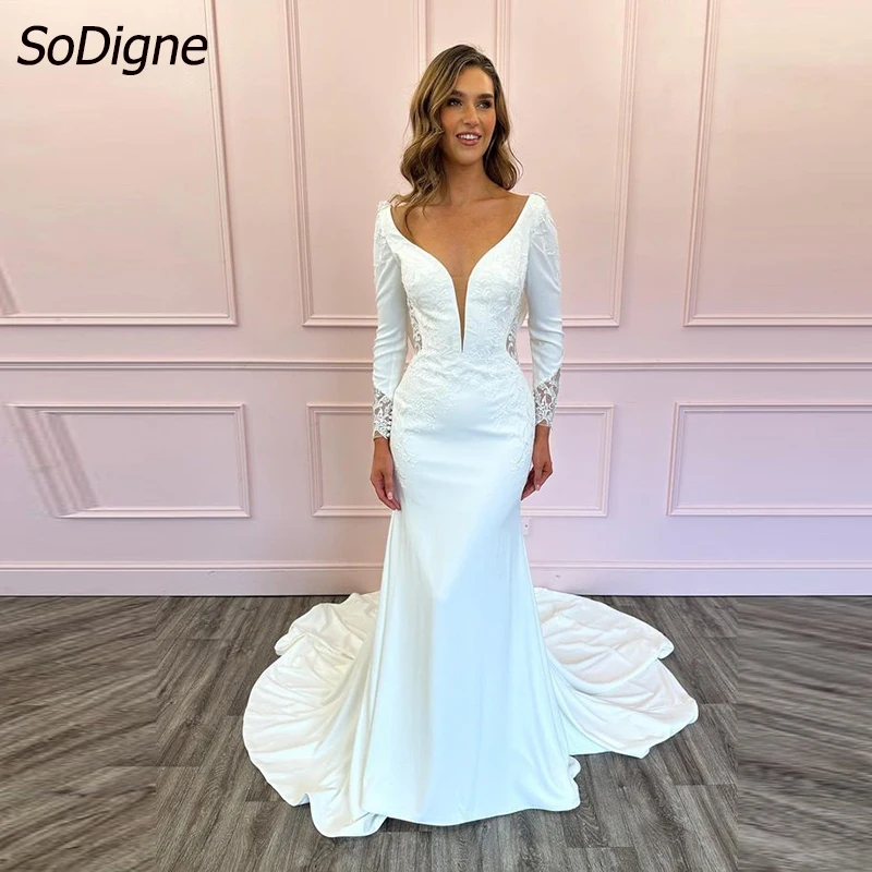 

SoDigne Mermaid Satin Bride Dresses Full Sleeves Lace Appliques Wedding Dress Long Elegant Bridal Gowns vestidos de novia 2024