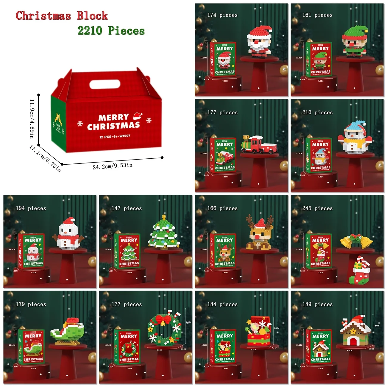 12-Piece Christmas Gift Box Building Block Set, Featuring Santa Claus, Snowman, Christmas Tree, Creative and Cute Designs, Suitable for Children—Ideal Birthday and Holiday Gifts, Lovely Desktop Decorations The Perfect Halloween/Christmas Gift or Family Parent-Child Toy.