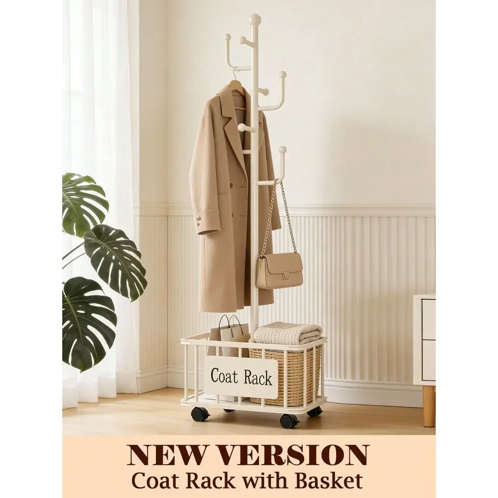 White Coat Rack With Storage Basket, Freestanding Clothes Rack, Coat Rack Stand For Scarves Handbags Clothes, Modern Coat Hange