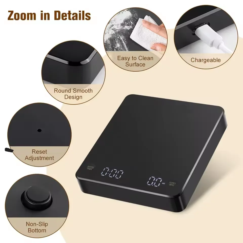 Latest Digital Coffee Scale with Timer Screen Espresso USB 3kg MaxWeighing 0.1g High Precision Measures in Oz/ml/g Kitchen Scale