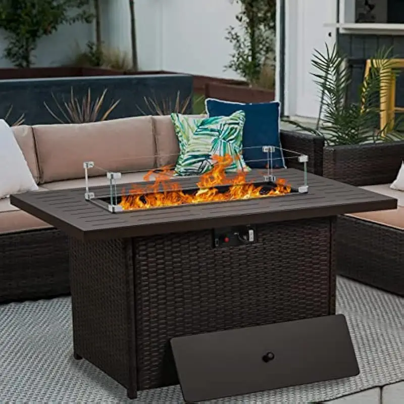 Rectangular propane fire table with 55000 BTU dual-tube burner, weatherproof stainless steel frame, automatic ignition, integrat