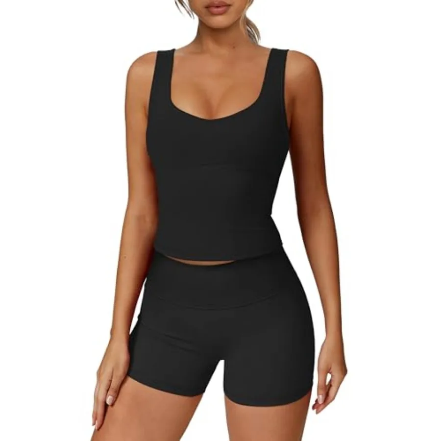 

Alaroo Workout Sets for Women 2 Pcs U Neck Crop Tank Top High Waisted Shorts Athletic Gym Yoga Outfits Activewear