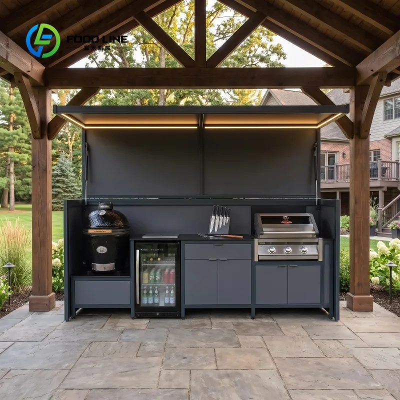 Customized Waterproof Garden Outdoor Kitchen BBQ Pod 304 Stainless Steel Outdoor Kitchen  Cabinets with Gas Grill Pizza Oven