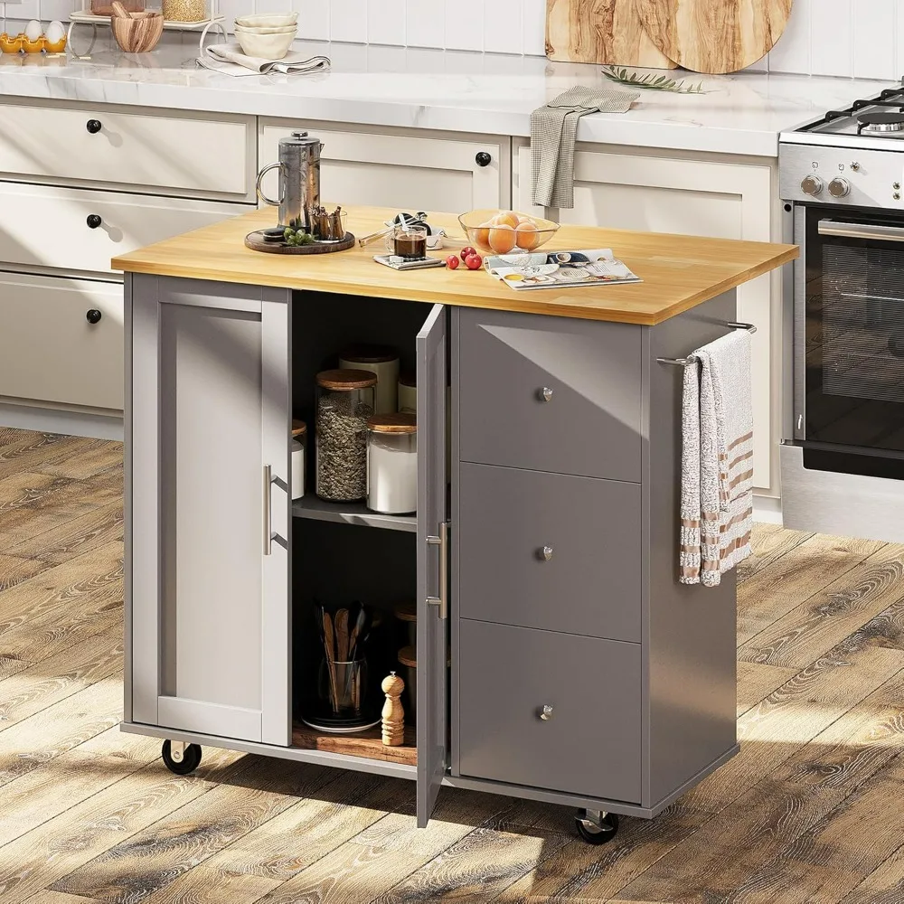 Portable rolling kitchen island cart with foldable fallen leaves and large storage cabinets, shelves, and drawers, gray