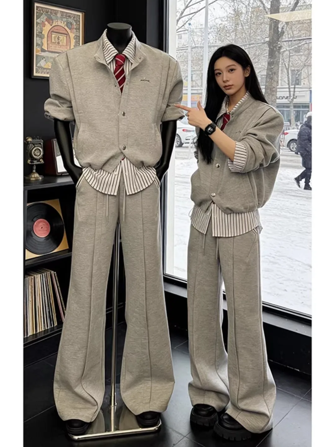 

American Sle Fake Two-Piece Cardigan Hoodie Set Men's Winter High Waist Casual Cool Faionable Long Sve Pants Outfit