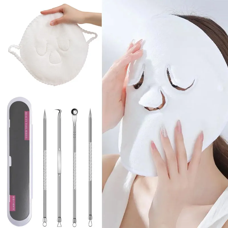 5 pz Strumenti per la rimozione dell'acne comedone Set riutilizzabile impacco caldo asciugamano per il viso in acciaio inossidabile clip per l'acne brufolo ago strumenti per la cura della pelle