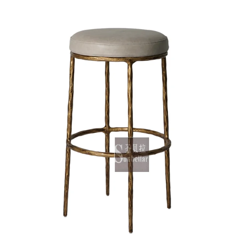 Hot Selling Top Grain Genuine Leather Metal Forged Iron Round bar Stool Home Kitchen Dining Room bar Stool Chair Counter Stool