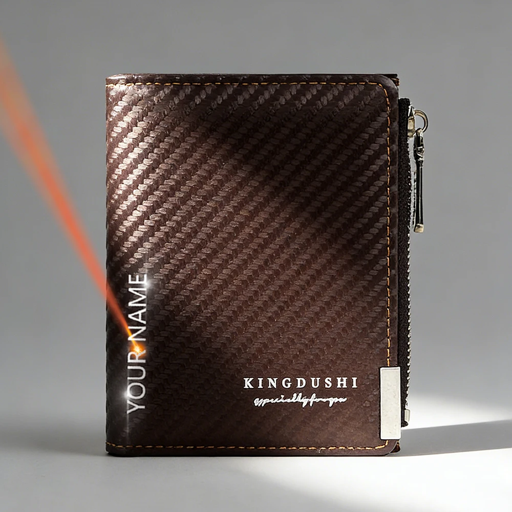 

Высококачественный мужской кошелек из углеродного волокна с гравировкой имени, простой короткий картхолдер с боковой молнией, вместительный кошелек для монет для мужчин