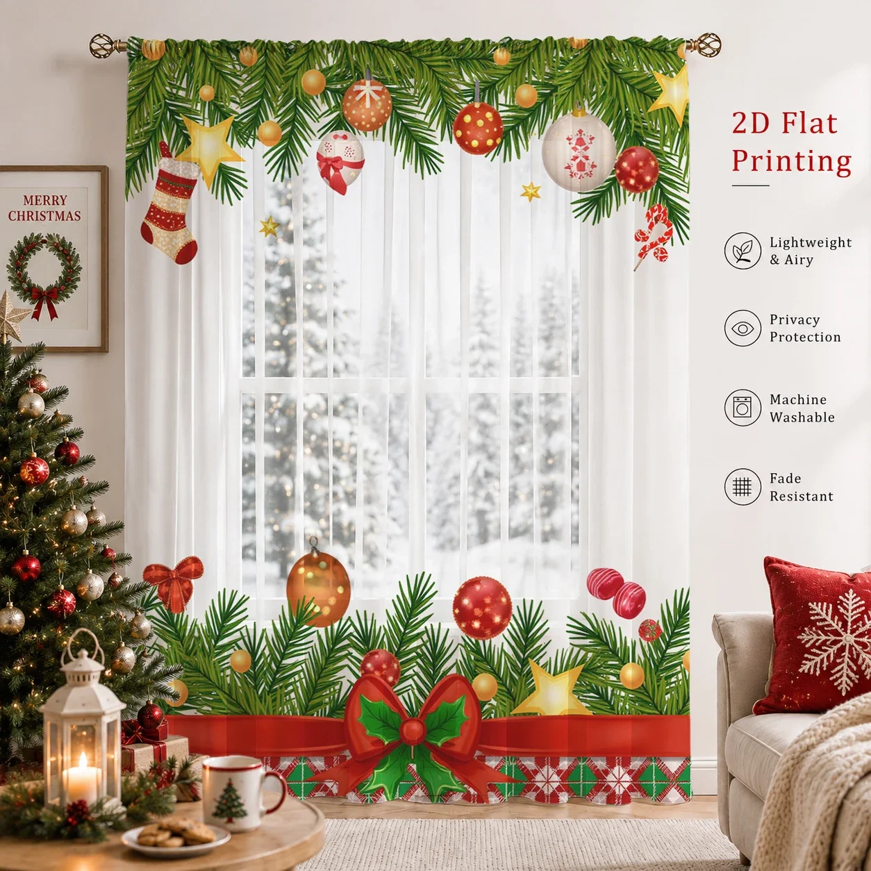 Christmas Day Gradient Sheer Curtain, Good Quality Light Reducing Privacy Voile for Living/Bedroom/Kids Room,Mother's Day Gift - view 3