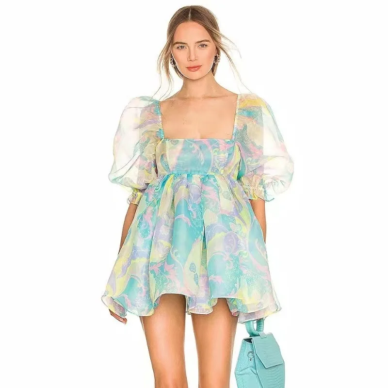 Nuevo Vestido de estilo veraniego, falda Floral de pastel dulce, falda hinchada estampada, Vestido de malla, Vestido de verano 2025, Vestido de mujer