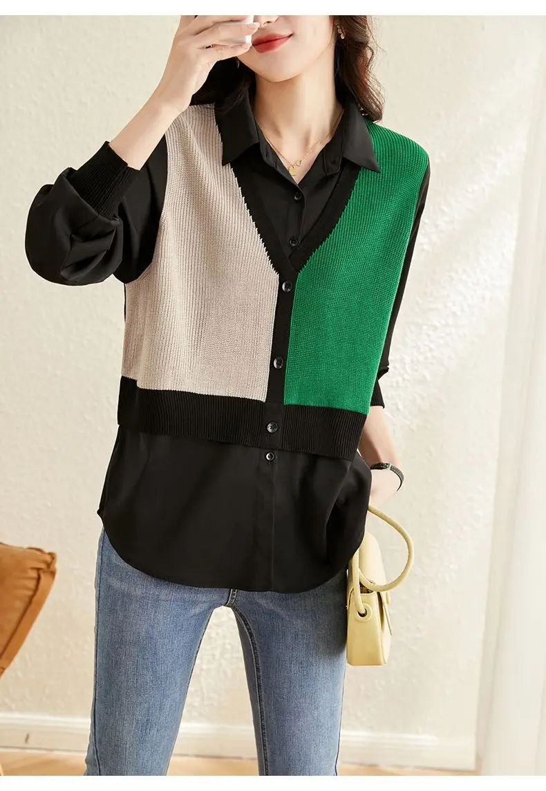 Поддельные две рубашки, сращенный свитер для женщин весной и осенью 2024, новая вязаная корейская версия, свободная базовая рубашка с длинными рукавами