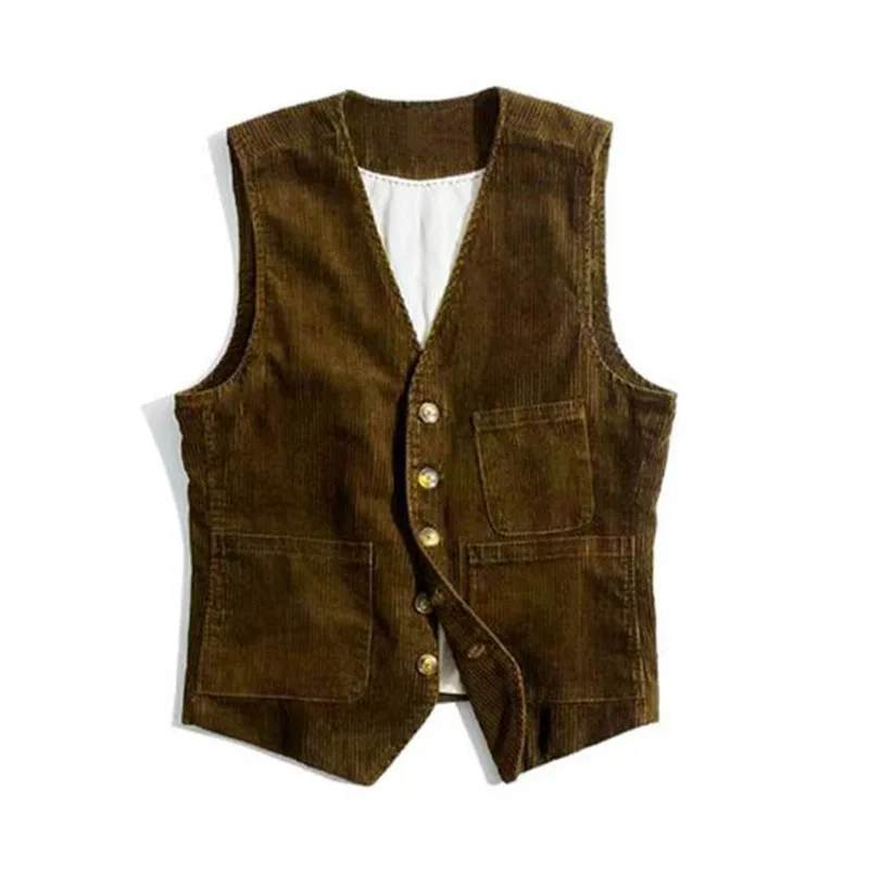 Spring & Autumn Retro Corduroy Vest Workwear Style Pocket Panel Solid Color Single-Breasted British Jacket Sleeveless
