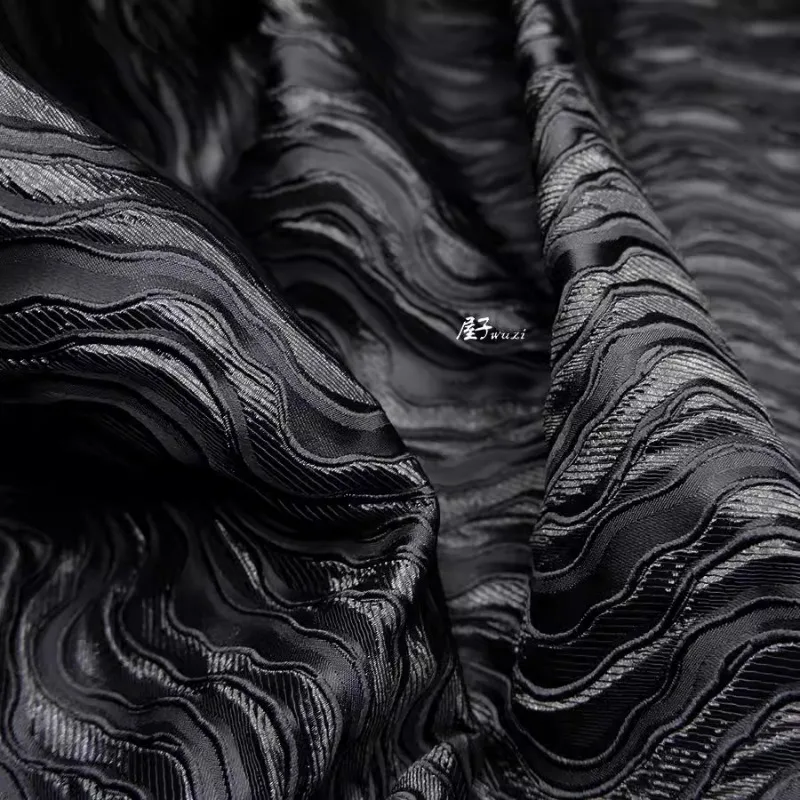 Jacquard Relief Fabric for Autumn Winter Clothing Designer Fabric for Apparel Sewing Black Wavy Water Pattern By Meter for Sew