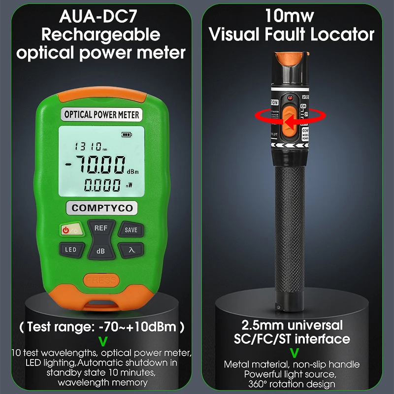 Imagem -03 - Ftth Fibra Óptica Tool Kit com Aua7s Fiber Cleaver Aua-dc7 Aua-dc5 Recarregável Mini Potência Óptica 10mw Visual Fault Locator