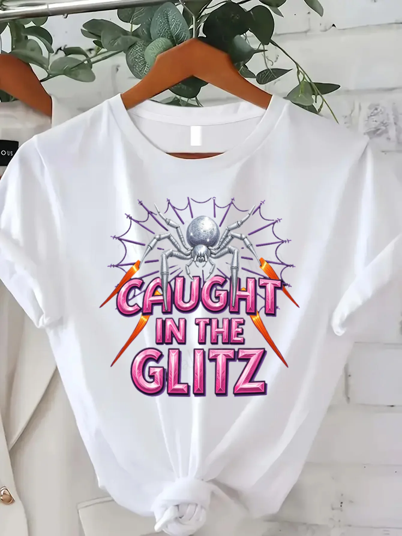 جولة الرقبة تي شيرت القبض في Glitz العنكبوت ويب الجرافيك المحملة المرأة زائد حجم رداء علوي غير رسمي قصيرة الأكمام المحملة أزياء عارضة أعلى #1