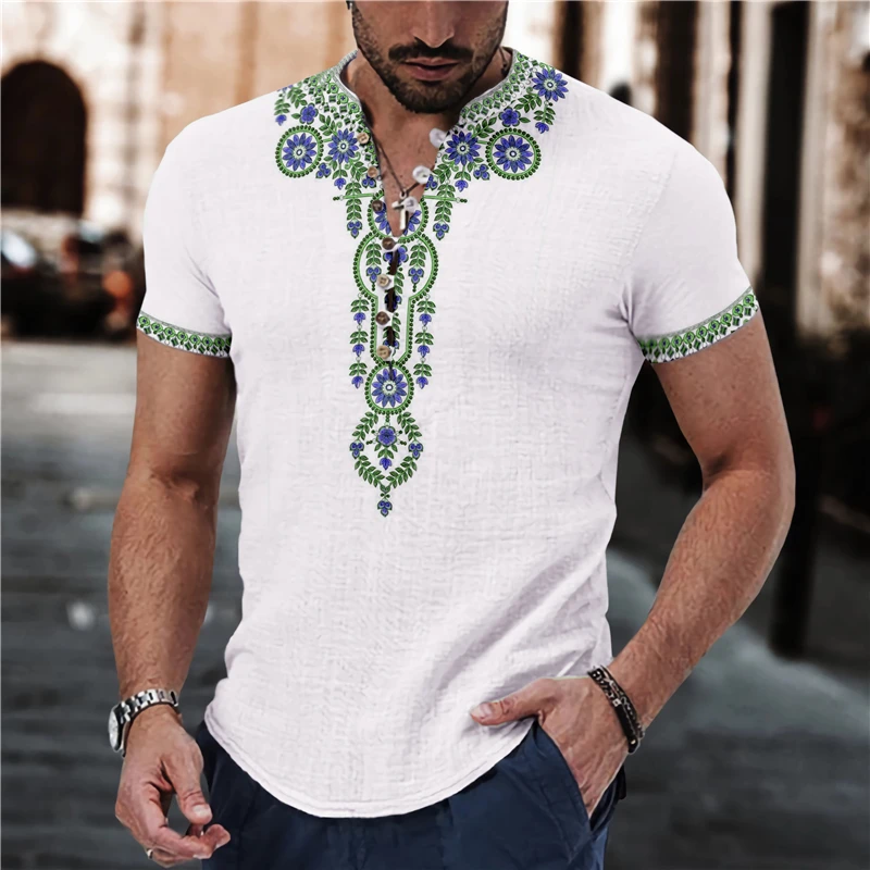 Leisure Short Sleeve V Neck Buttoned T-shirts Men Spring Summer Fashion Patchwork Pattern Print Tops Mens Clothes Casual Shirts