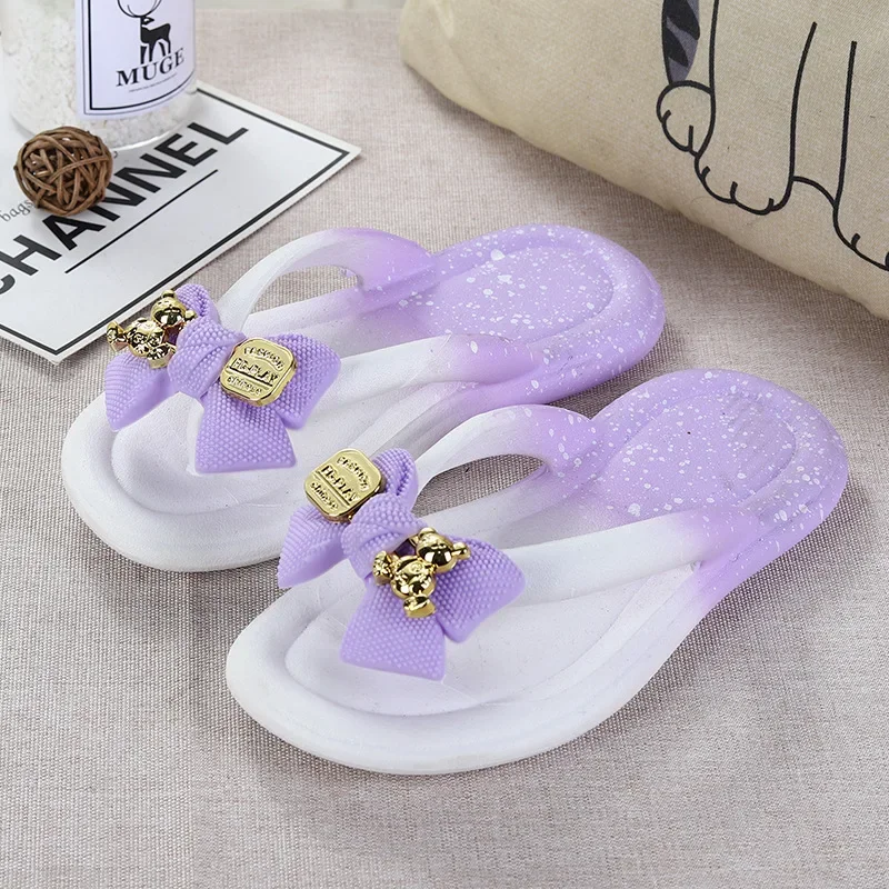 Female Summer Children Thongs Slippers Girl Cartoon Bow Beach Sandls Shoe Parent-child Flip-flops Shoes Student Clip-on Slippers