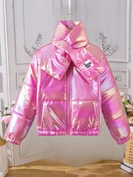 Winter cotton-padded jacket for children and girls with colorful stand-up collar and neck warm and bright face wash coat