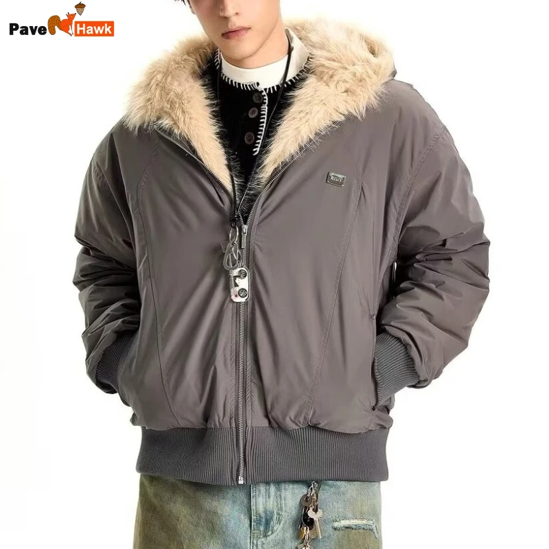 Winter Street Harajuku Mens Parkas Fleece Trendy Metal Label Silhouette Warm Cotton Jackets Zipper Loose Thickening Coats Male