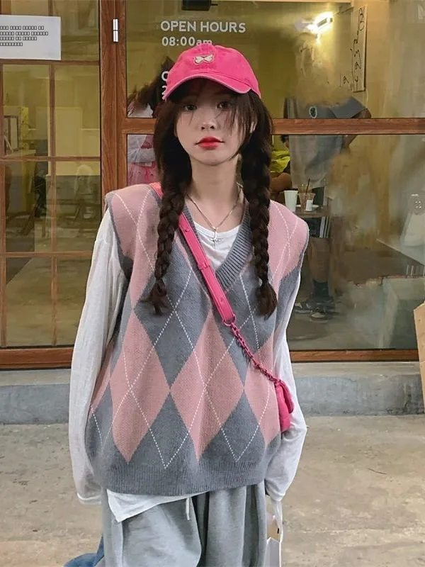 

2025 Winter Women's Knitted Vest Casual Sle Soft Fabric V-Ne Diamond Pattern Sweater Jaet Outerwear Ciwalk Suitable