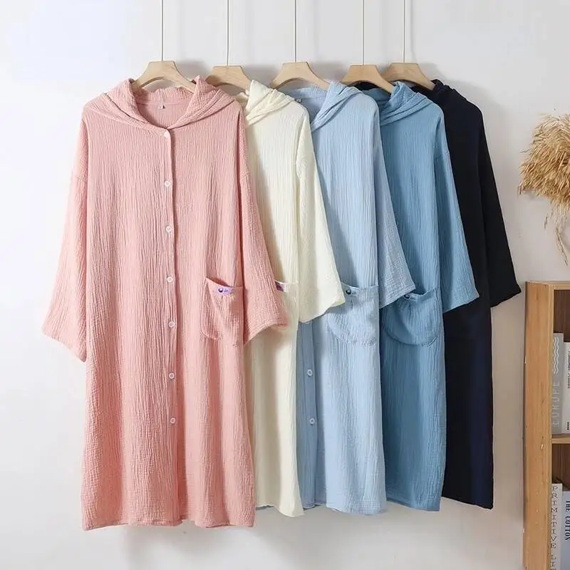 เสื้อคลุมอาบน้ำแบบมีฮู้ด แขนยาว ผ้าฝ้ายสองชั้น ทรงหลวม ติดกระดุม มีกระเป๋า ชุดนอนสำหรับคู่รัก ชุดอยู่บ้าน