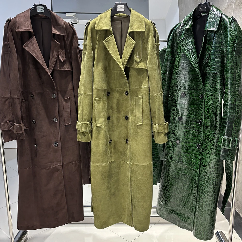 YOLOAgain Double Breasted Suede Jacket Coat Women Real Leather Trench Coat