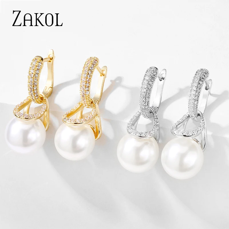 ZAKOL New Micro-inlaid Zircon Hoop Earrings for Women Luxury Imitation Pearl Drop Earring Jewellery Aretes De Mujer EP2839