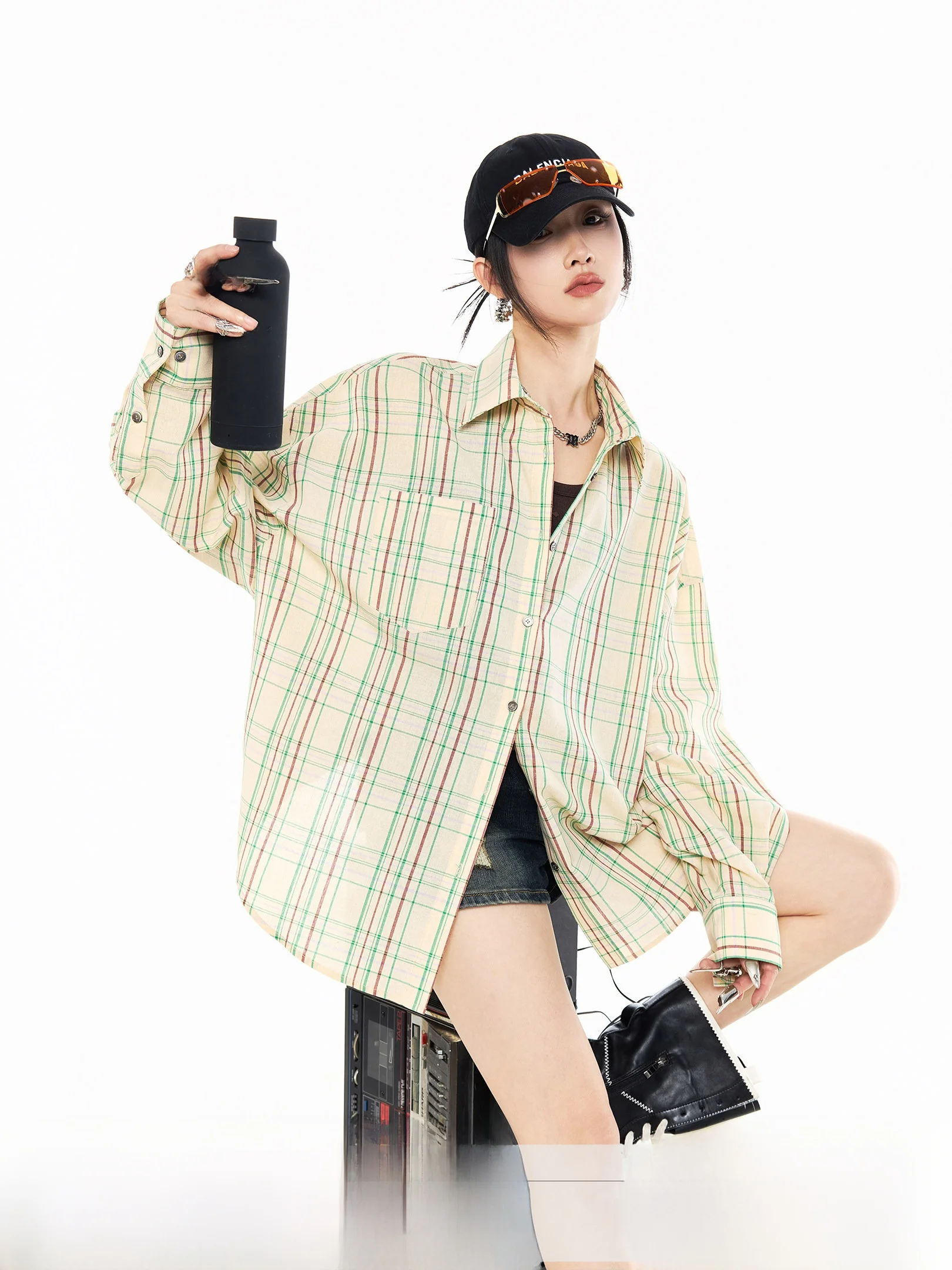 

Ich Mode Women's Plaid irt Jaet Summer New Long Sve Loose Top Casual Sle Cotton Polyester Blend oulder Pad Design