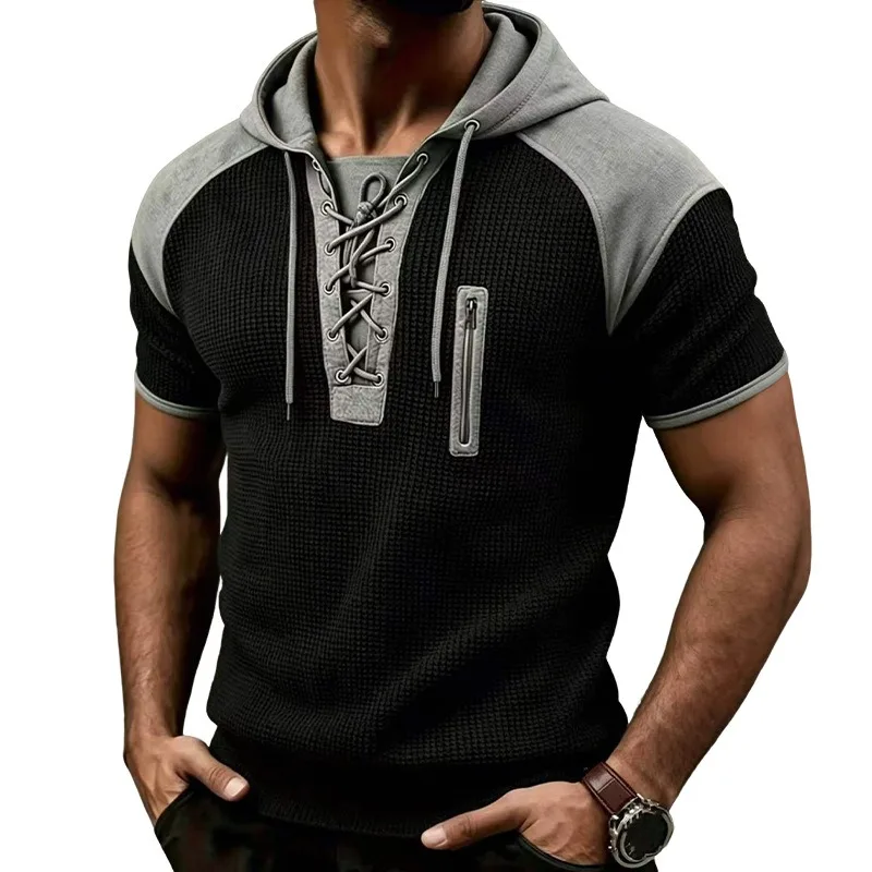 UNITIM Man Summer Hooded Top American Contrast Color Lace-up Men T-shirt Thin Breathable Short Sleeve Sport Male Sweatpant