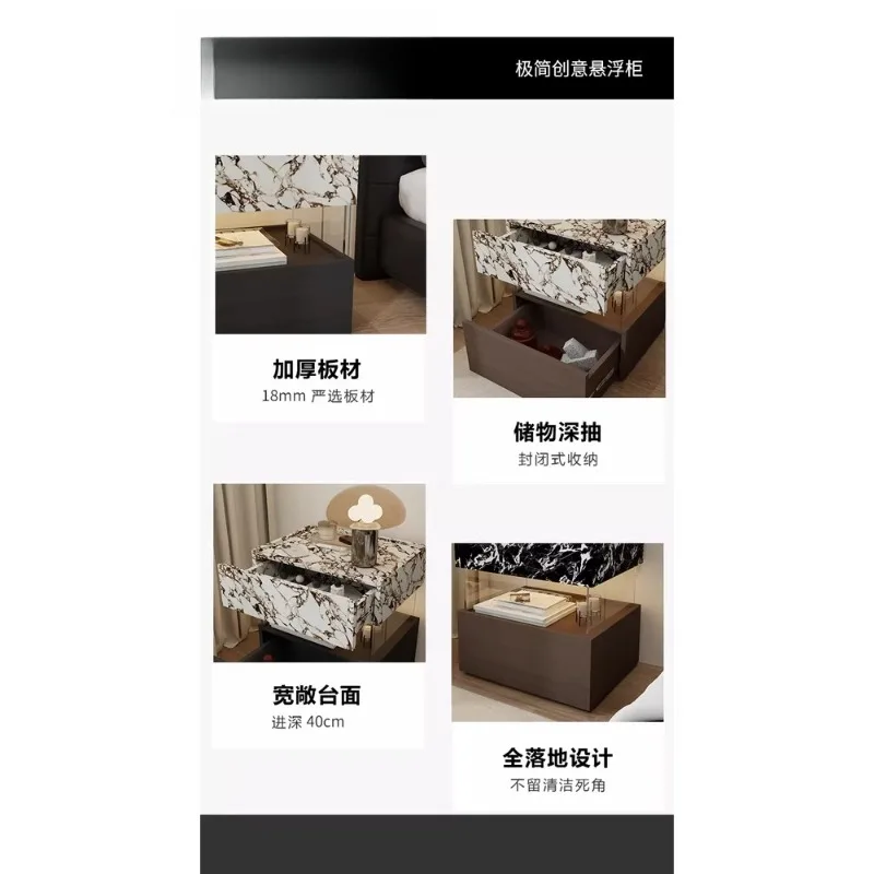 طاولة بجانب السرير معلقة بنمط رخامي فاخر وبسيط وحديث إيطالي، كابينة بجانب السرير لتخزين غرفة النوم باللونين الأبيض والأسود