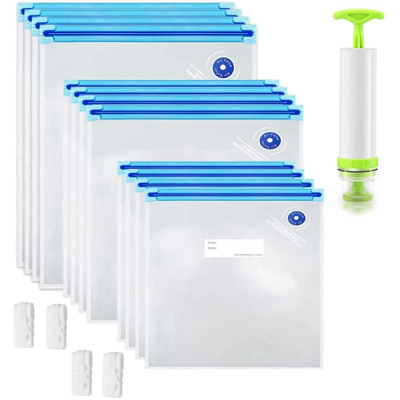 Wieder verwendbare Vakuum-Lebensmittel aufbewahrung beutel mit 40 Packungen, 3 Vakuum-Lebensmittel beutel, 1 Handpumpe, 4 Dichtung clips