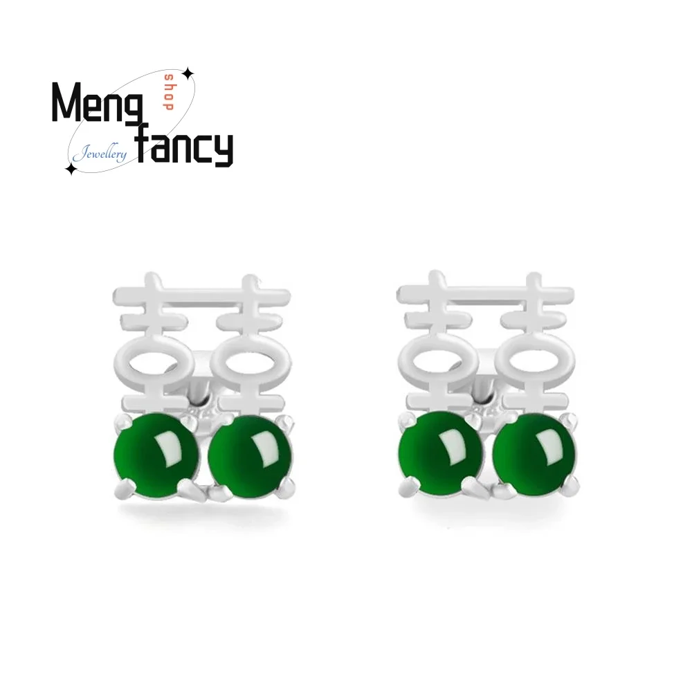 

High-grade Natural A-goods Jadeite Double Happiness Earrings S925 Silver Inlay Exquisite Elegant Couple Luxury Fashion Jewelry