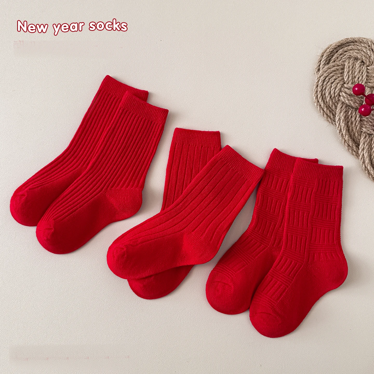3-Pairs Pack Children's Chinese Red Socks Boys Girls New Year Lucky Mid-Calf Socks Baby Festive Double-Needle Cotton Socks