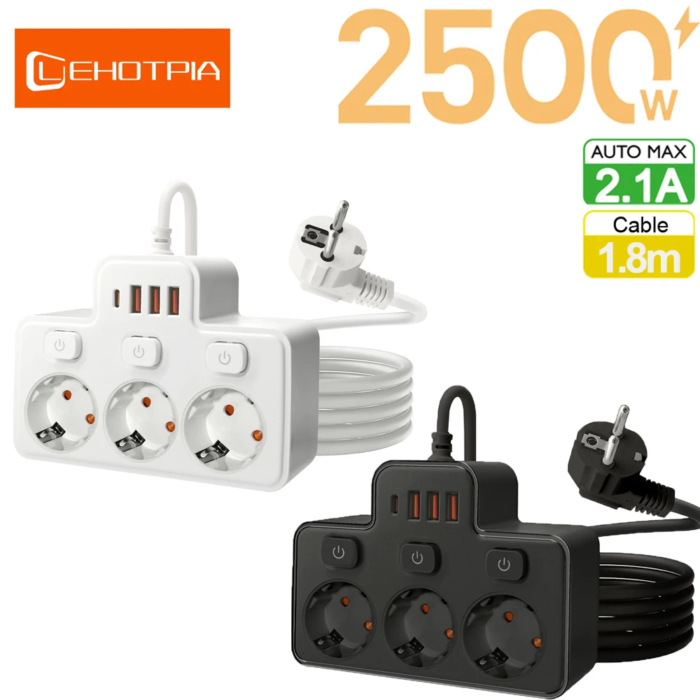 2500 W EU-Stecker 1,8 m Verlängerungskabel Steckdosenleiste unabhängiger Schalter Steckdose nach europäischem Standard mit USB-C-Ladestetzwerkfilter
