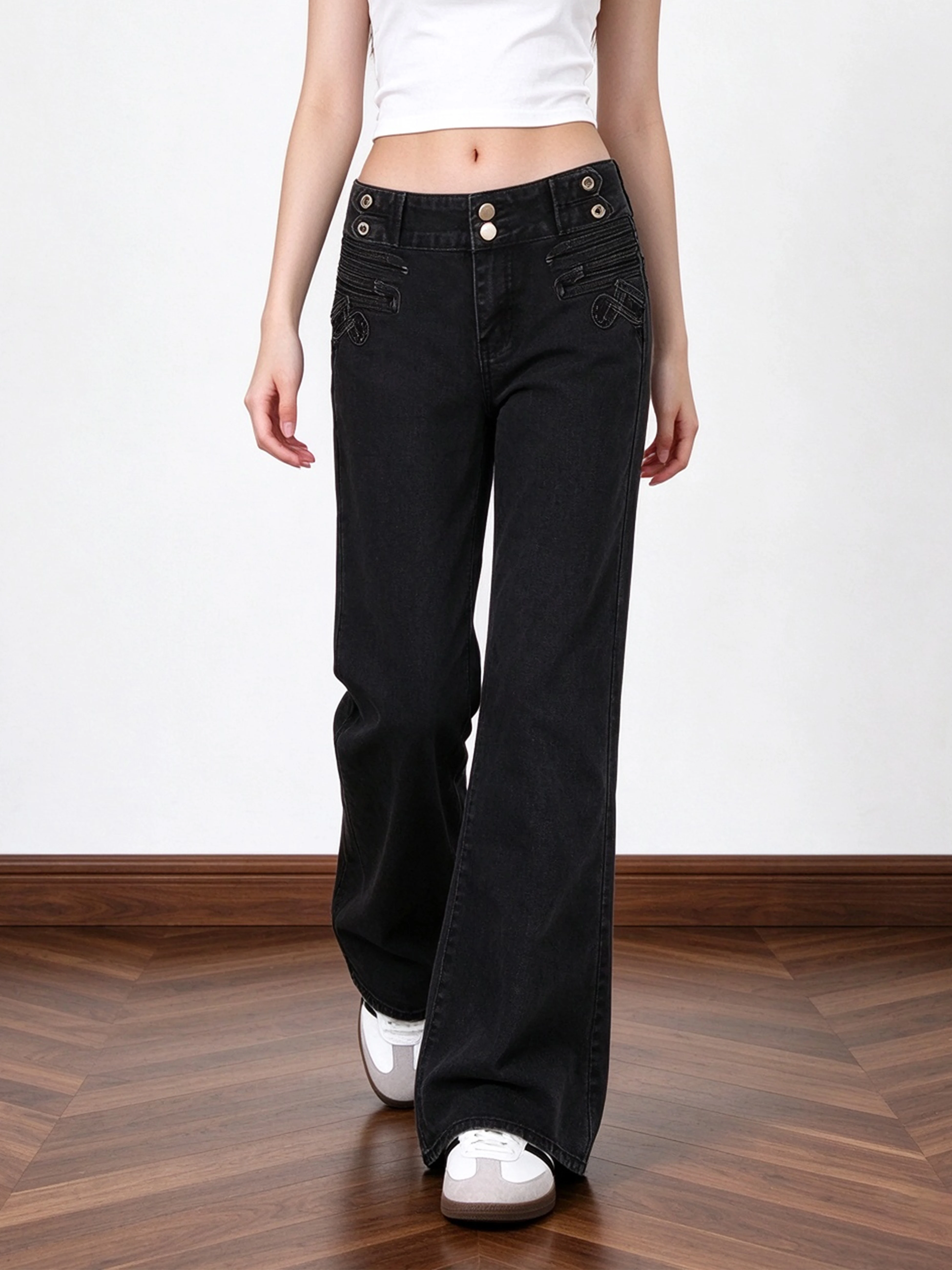 American Hot Girl Style Bell Bottom Jeans Women's Multi-Buckle Waist Loose Fit Slimming Drapey Wide Leg Pants Casual Cotton B...