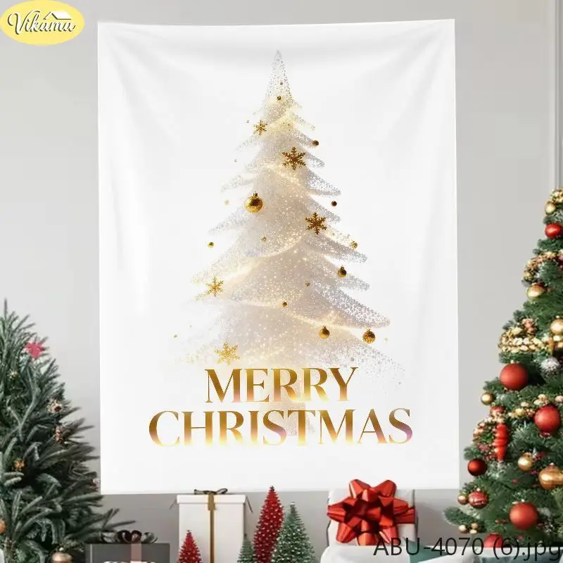 VIKAMA “Merry Christmas” Tapestry, Shimmering Gold Christmas Tree Tapestry, “Merry Christmas” Holiday Party Backdrop, Home Decor