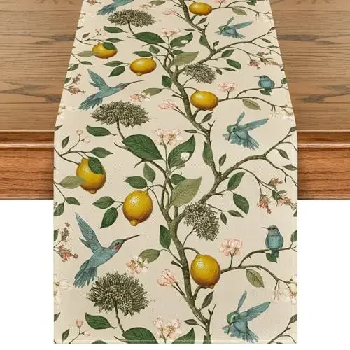 Table Runner Linen Vintage Blue Hydrangea Flower Green Leaf Dining Tablecloth Summer Rustic Kitchen Wedding Decor