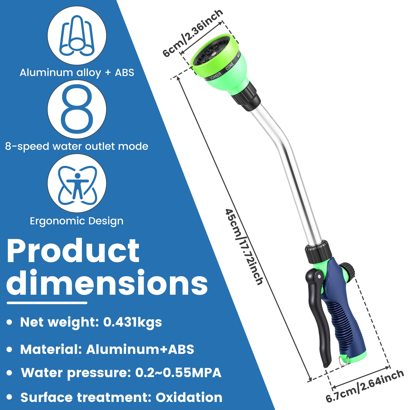 18 Inch Garden Watering Wand 8 Pattern Hose Nozzle Sprayer Long Aluminum Spray Gun with Front Trigger Lock for Lawn Flower Car