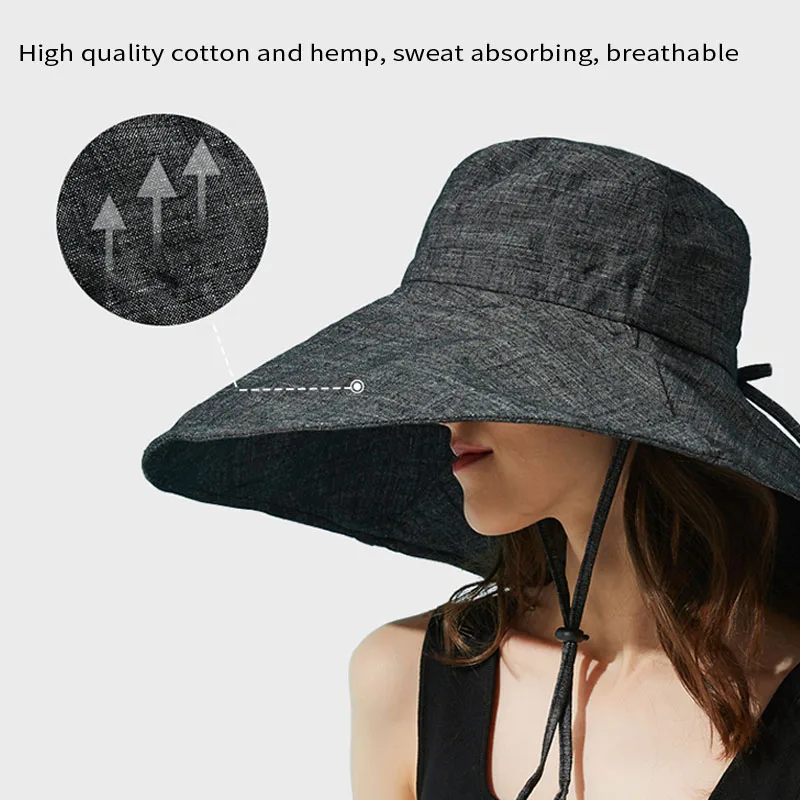 Summer Wide Brim Sun Hat Women\'s Foldable Travel Packable Bucket Hat Japanese UV Sunscreen Cotton Linen Beach Hat Fisherman Hat