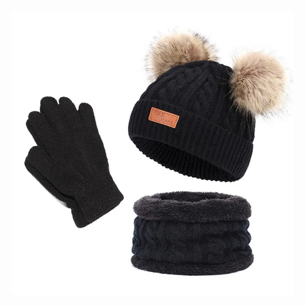 

Solid Color Baby Hat Scarf Gloves Set Warm Thicken Knitted Beanie Pompom Knitted Hats Pompom Windproof Toddler Bonnet Children
