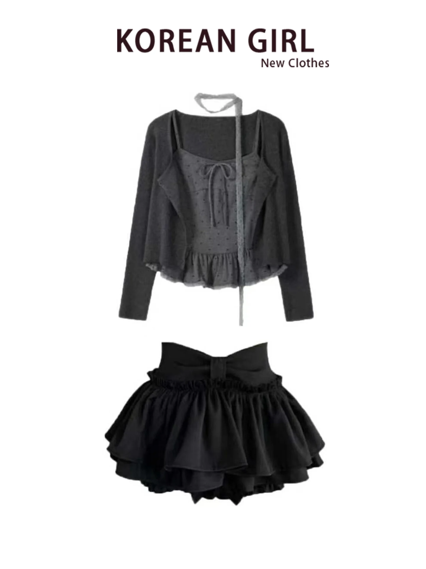 Korean Style Gray Open Cardigan Tank Top Short Skirt Three Piece Set Women's Fashionable Autumn Outfit Hot Girl Casual Wear