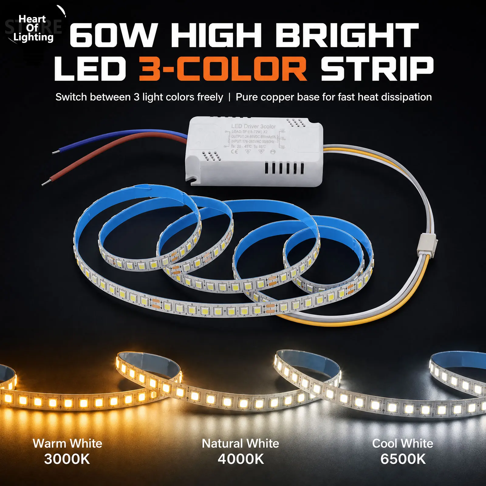1set 1m LED strips 60W AC165-265V 20Wx3-colors variable light high brightness 200pcs SMD2835 Used in conjunction with the driver