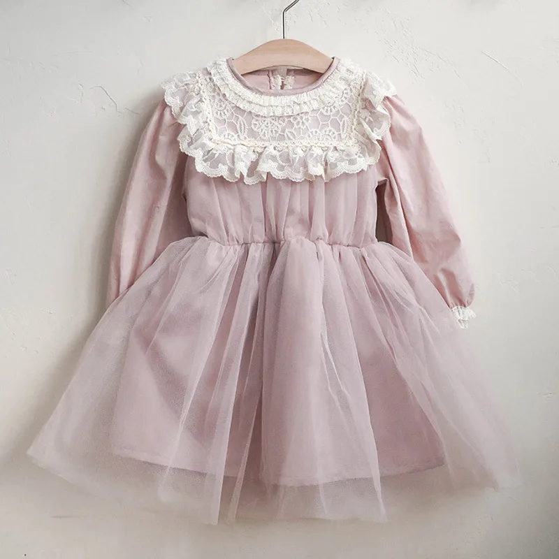 

Princess Dress for Girls Korean Style Lace Trim Puffy Net Long Sleeve Autumn New Arrival Children's Fashionable Dress