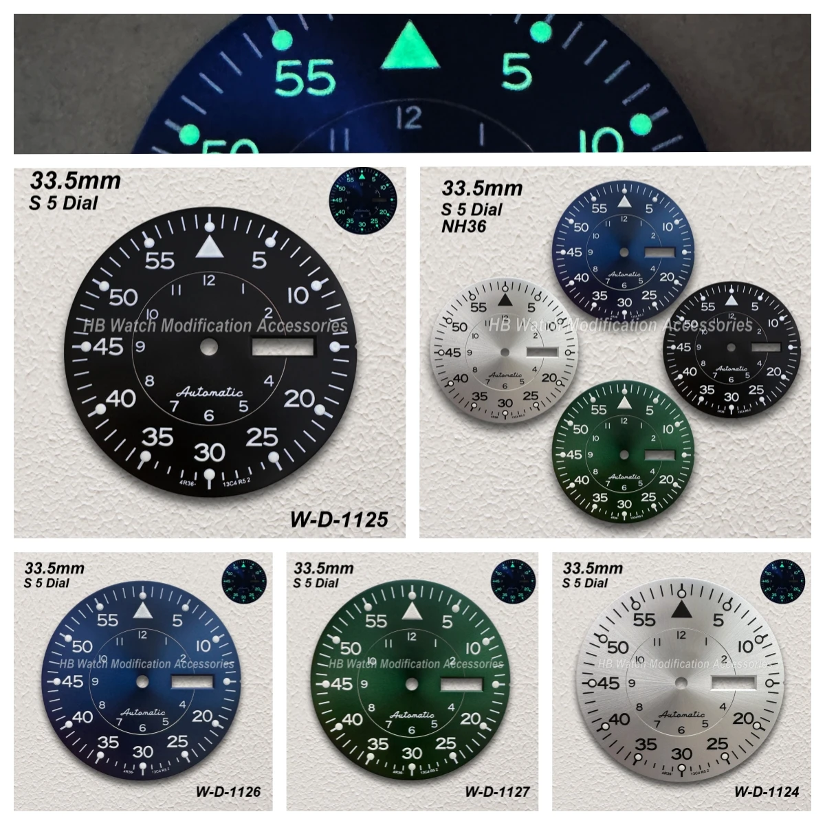 

33.5mm S 5 Logo Sunray Dial Fit NH36/4R36 Movement Green Luminous High Quality Watch Modification Accessories