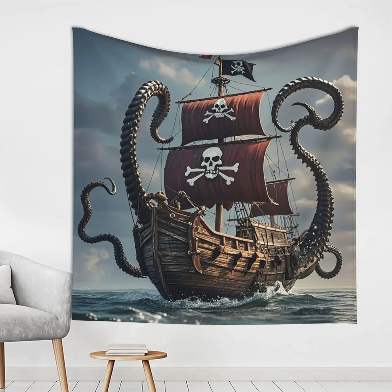Pirate Ship Skull Crossbones Tapestry Wall Decor Nautical Gothic Marine Adventure Flag Art Print Home Decoration Man Cave Gift
