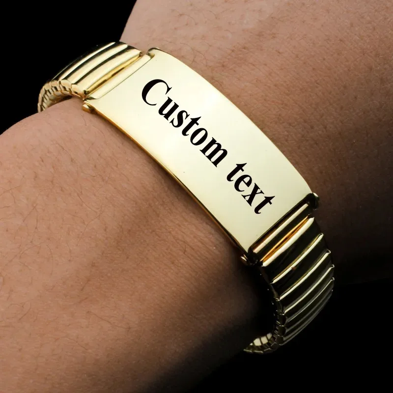 

Custom Text Name Stainless Steel Bracelet for Men Elastic watch band Personalized Engrave Logo Id Bracelets Gift Jewelry