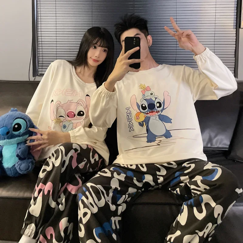 Disney Stitch Couple Pajamas Autumn with Chest Pad Crew Neck Long Sleeve Pants Two-piece Women's Pajamas 50% OFF Loungewear