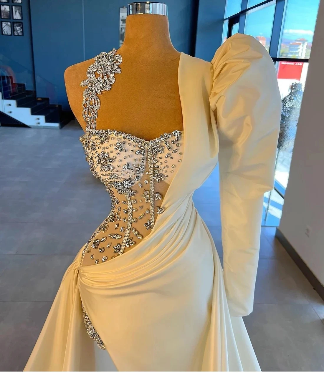 Robes De bal personnalisées, ligne a, asymétrique épaule dénudée, manches longues, fente perlée, arabie saoudite, dubaï, Robe De soirée